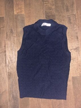ZARA Navy Ribbed Crewneck Knit Vest